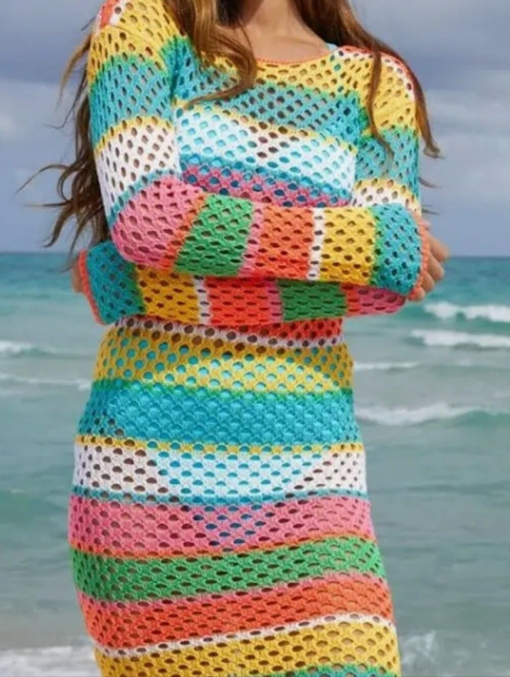 VENUS Bright Multicolor Striped Open-Knit Maxi Coverup